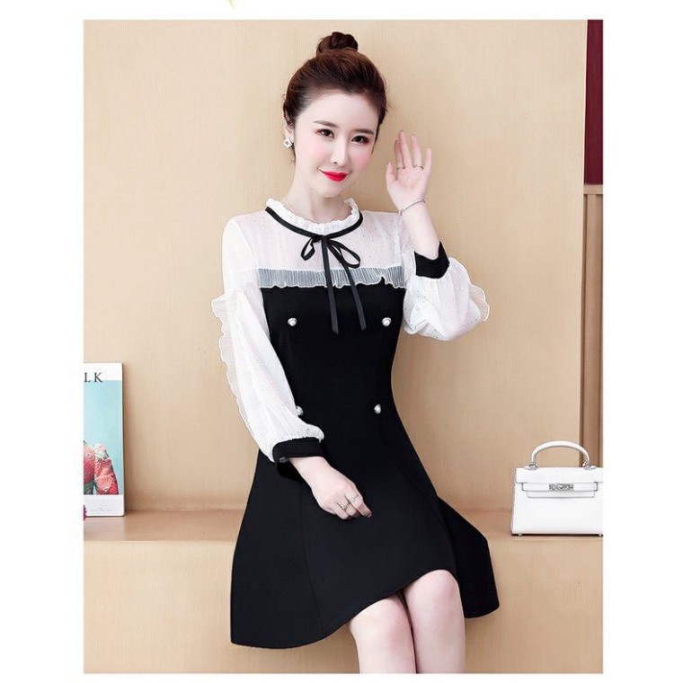 HÀNG SẴN KHO Váy tay voan cổ nơ chất liệu umi mềm mại tôn dáng