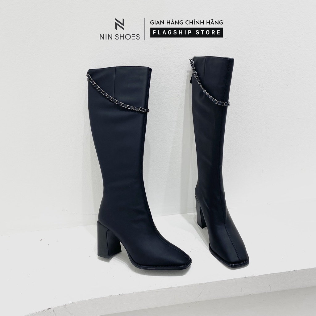 Giày Boot đùi nữ 9p QCCC xích cổ kéo khóa sau da si Ninshoes