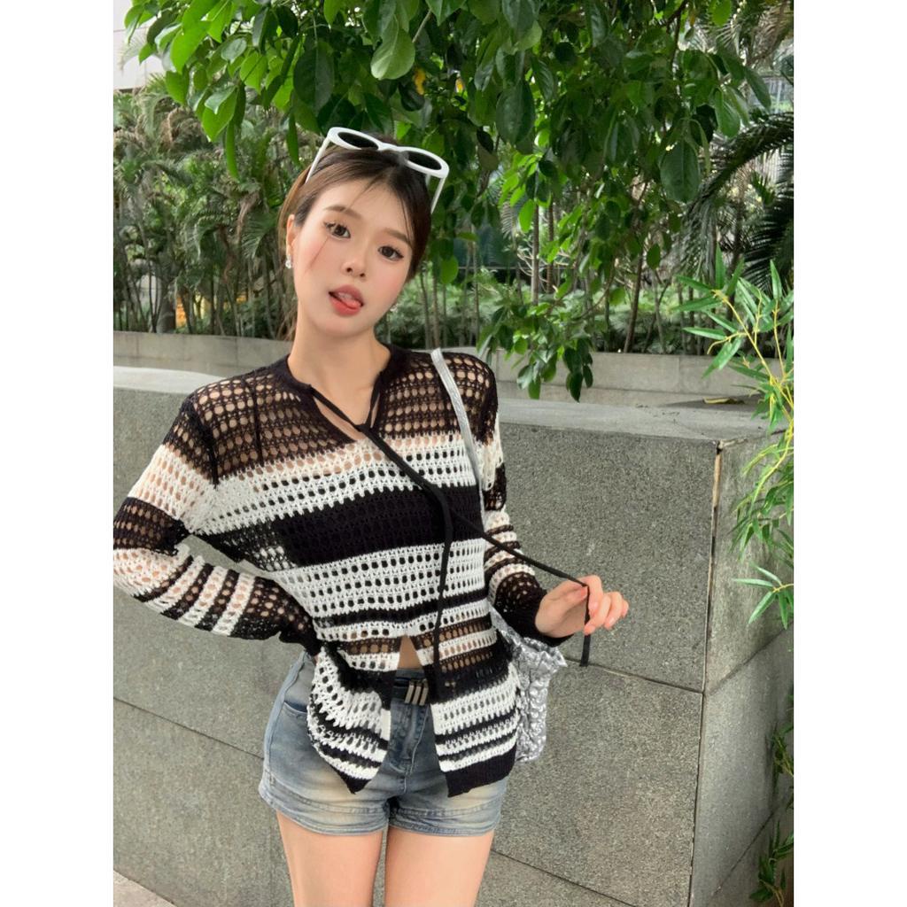 HUANG YOYO Áo croptop Áo Nữ Tay Dài Kẻ Sọc Cổ Chữ V Thời Trang