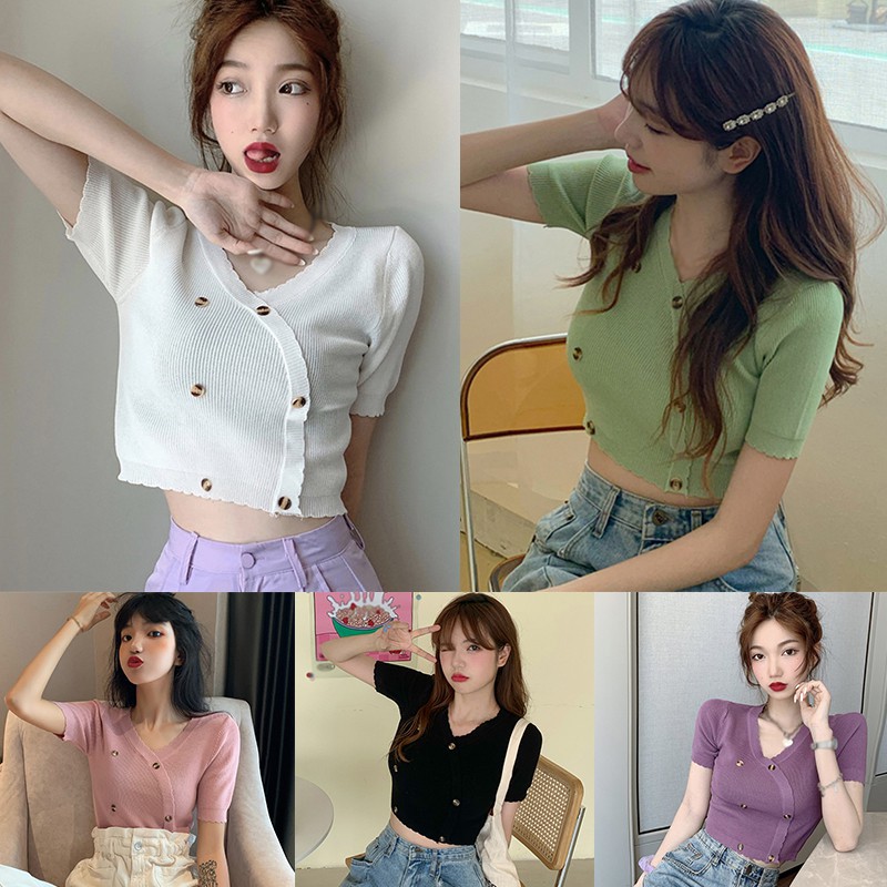 Áo Croptop Dệt Kim Tay Ngắn Cổ Chữ V Màu Trơn Thời Trang Cho Nữ