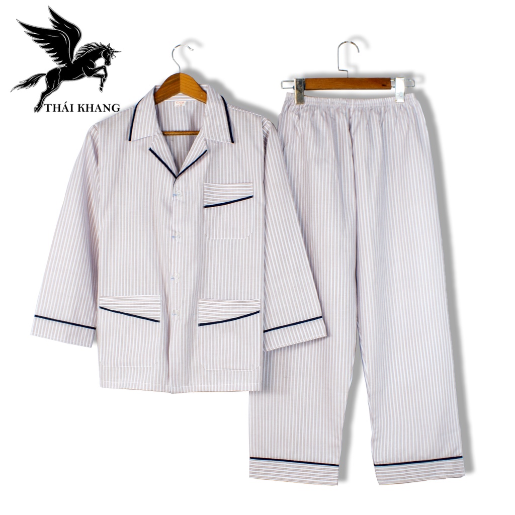 Bộ pijama nam dài tay trung niên vải cotton mặc mát thoải mái cho người già loại bộ đồ trung niên mặc nhà loại sọc