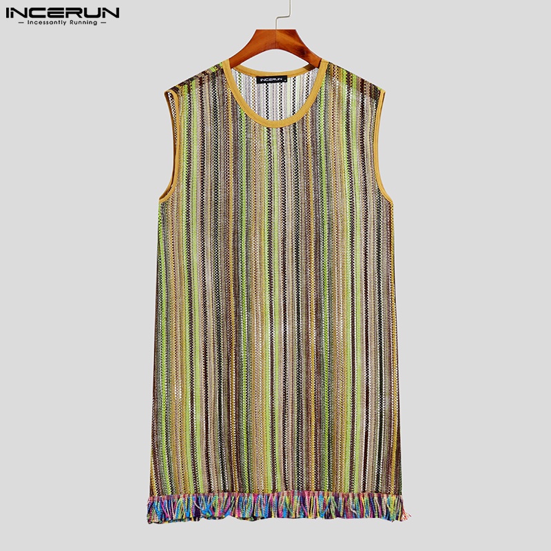 INCERUN Áo Ba Lỗ Dáng Dài Phối Tua Rua Xuyên Thấu Kẻ Sọc Nhiều Màu Cá Tính Cho Nam