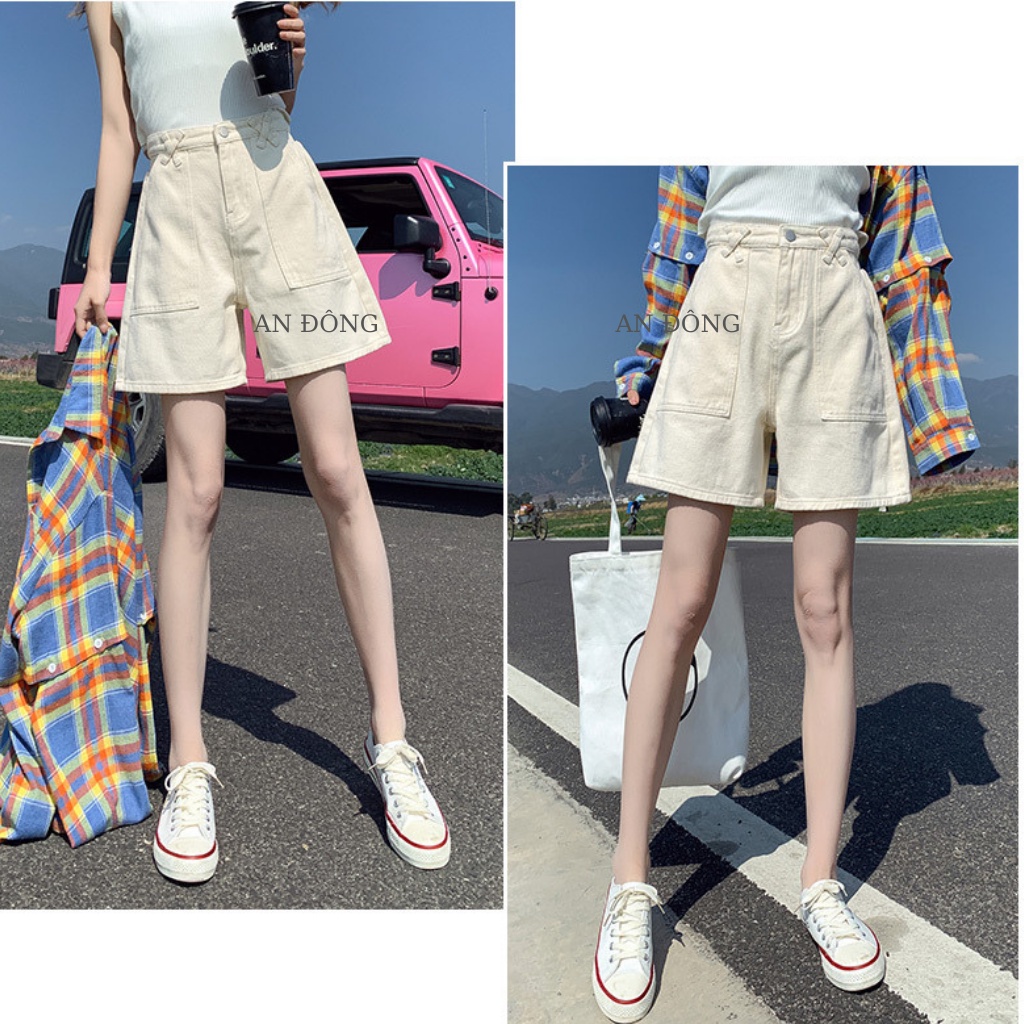 Quần short kaki ống rộng, quần kaki nữ lưng cao túi đắp