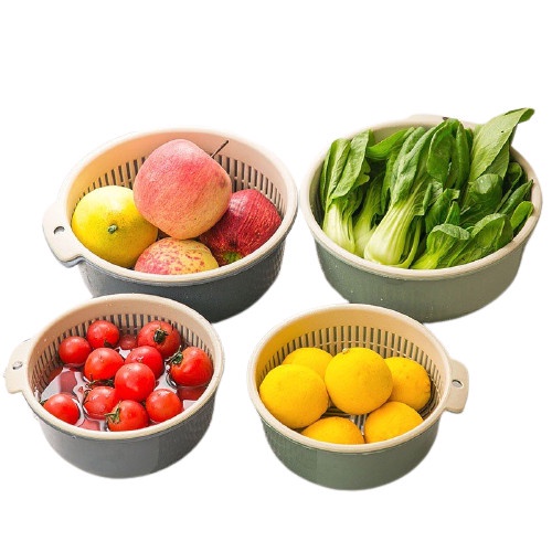 Bộ 2 chậu rổ, thau nhựa rửa rau củ đựng hoa quả trái cây 2 lớp hình tròn chất liệu nhựa PP