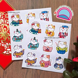 Bộ 2 tấm Sticker Mèo thần tài may mắn kích thước 4cm dán trang trí laptop, bàn học, notebook, bàn làm việc