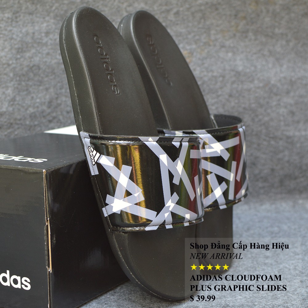 Dép Adidas Cloudfoam Plus Graphic đen quai đen bóng sọc xám trắng