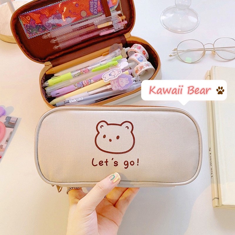 Túi Đựng Bút Vải Canvas Cỡ Lớn In Hoạt Hình Gấu Sáng Tạo Có Khóa Kéo Cho Học Sinh