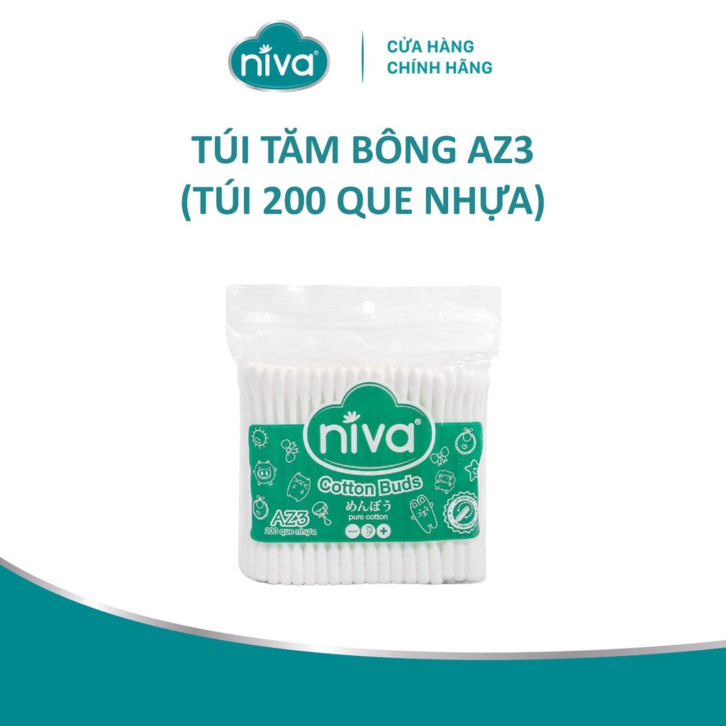 Tăm Bông Niva Túi 200 Que Thân Nhựa AZ3 Đa Năng Chuyên Dùng Ngoáy Tai, Vệ Sinh, Trang Điểm