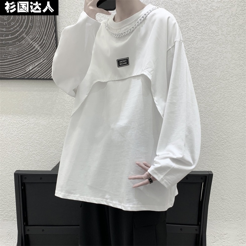 Áo thun tay dài cổ tròn giả hai lớp phong cách retro âu mỹ cho nam