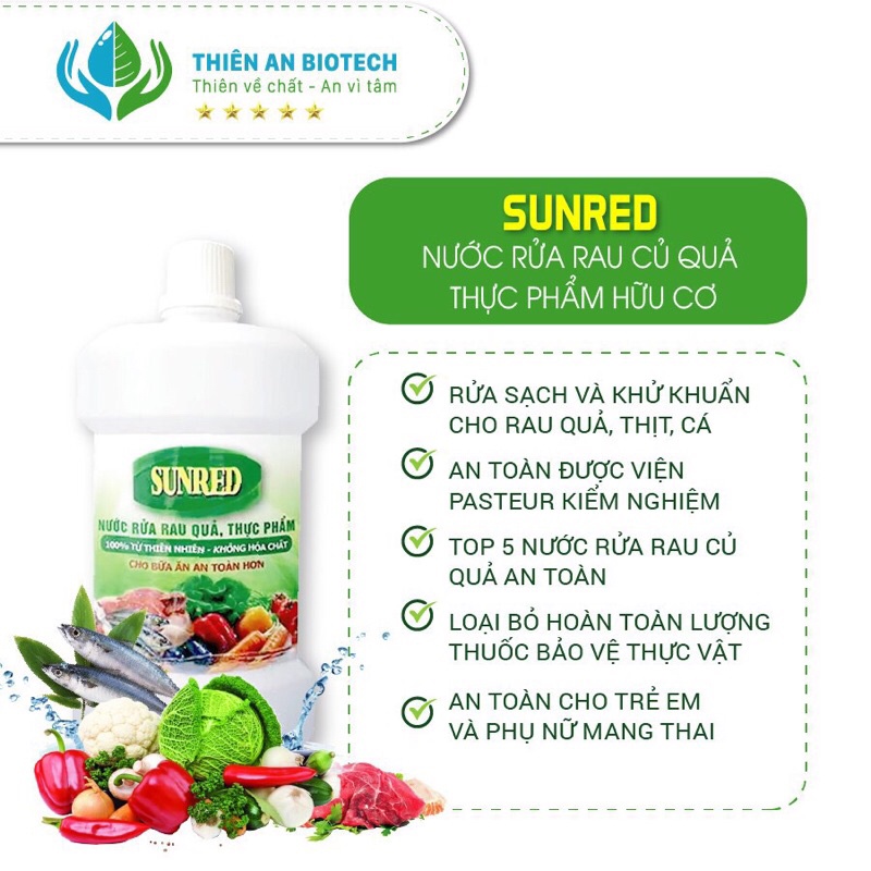 NƯỚC RỬA RAU CỦ QUẢ TRÁI CÂY, THỊT, CÁ, TÔM, HẢI SẢN  - THỰC PHẨM AN TOÀN KHÁNG KHUẨN SUNRED - bobashop.vn