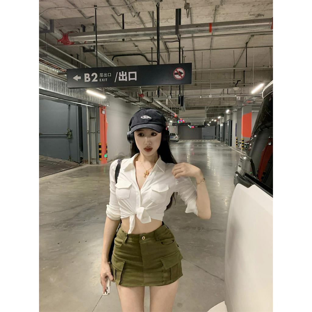 Bộ Áo Sơ Mi Dài Tay Ôm Dáng + Chân Váy Chữ A Lưng Cao Xinh Xắn Dành Cho Nữ