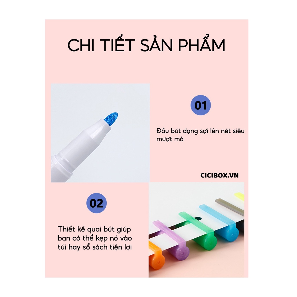 Bút nhũ ghi chú meili liner màu ánh nhũ dùng vẽ nghệ thuật, Bộ bút Highlight phong cách độc đáo CICIBOX