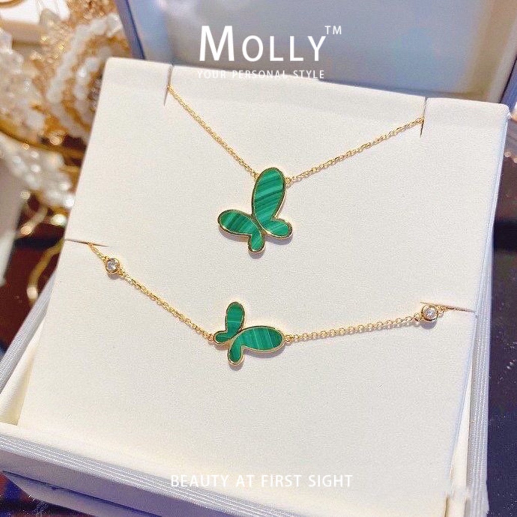 Molly™ Dây Chuyền Mạ Vàng 18K Mặt Hình Bướm Màu Xanh Lá Kiểu Hàn Quốc Không Phai Cho Học Sinh