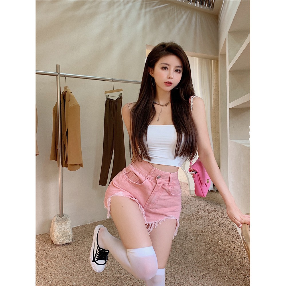 Quần short jean cạp cao rách tua màu hồng