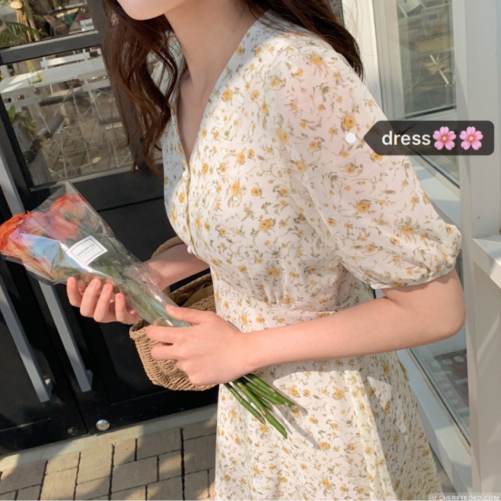 (HÀNG SẴN) Váy hoa nhí tay phồng style Hàn Quốc- Kèm ảnh thật