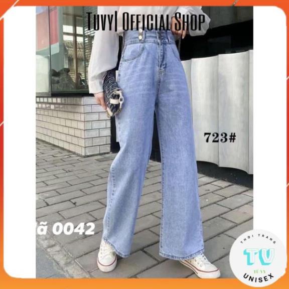 Quần bò nữ TUVYSHOP Quần Jeans Ống Rộng 3 Cúc Cạp Cao hack dáng đanh mịn không phai màu xanh 3 size S M L