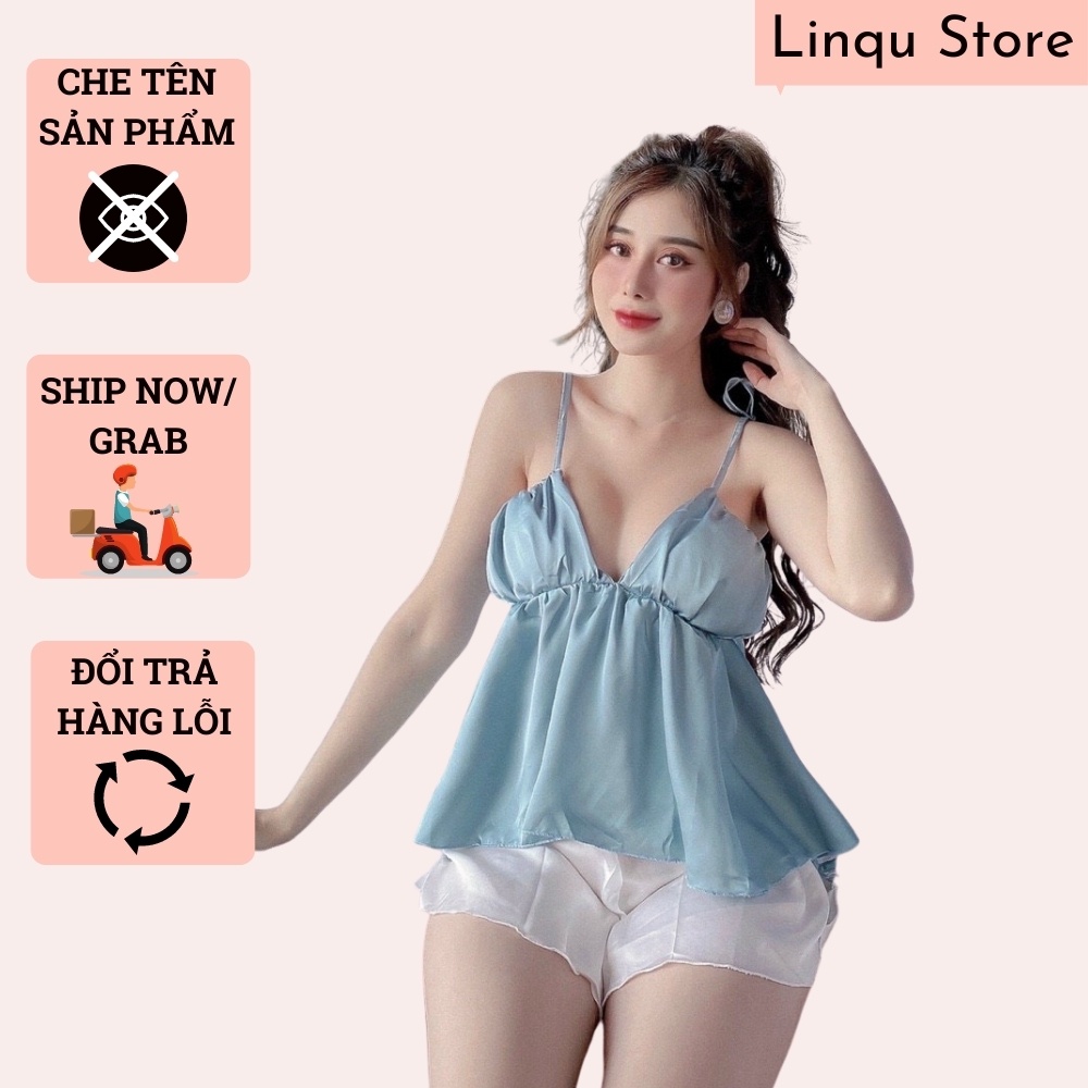 Đồ Ngủ Sexy Nữ Chất Satin Đồ Ngủ 2 Dây Xẻ Sâu Có Mút Ngực Freesize - Linqu Sleepwear