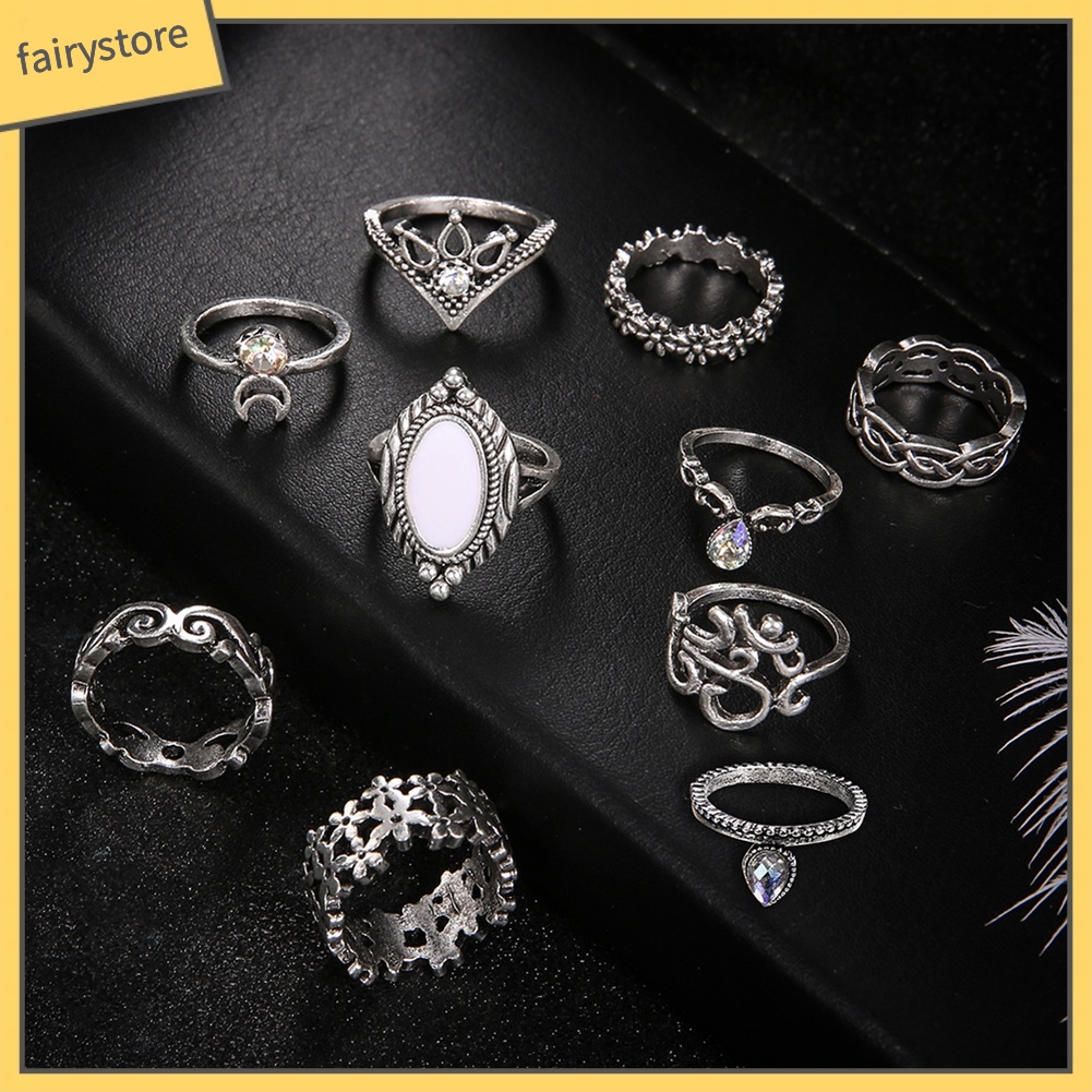 Set 10 nhẫn đeo đốt ngón tay đính đá opal nhân tạo phong cách retro