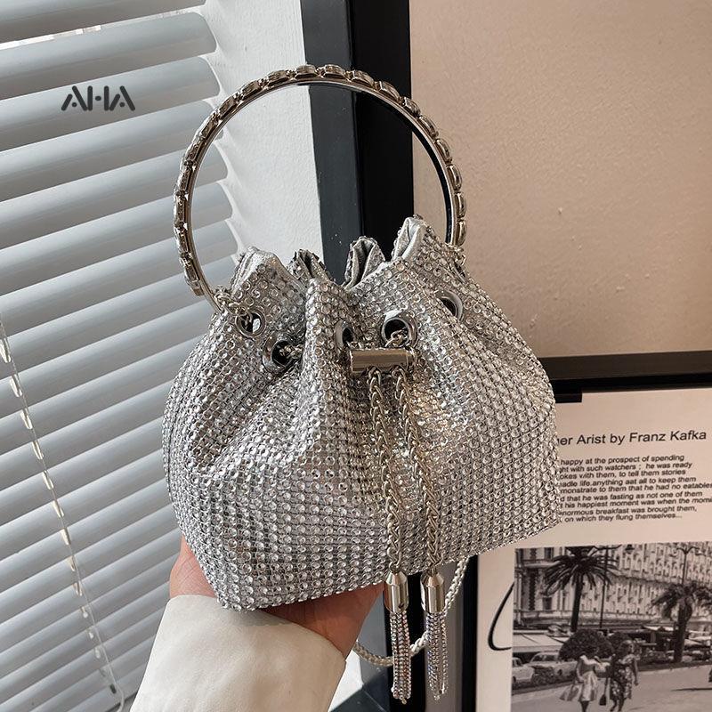 Túi đeo chéo AHA official hình xô nhỏ đính kim cương giả có dây rút phong cách Pháp thời trang cho nữ