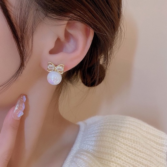 Khuyên tai ND97 nơ đá ngọc trai nhân tạo nữ tính sang trọng