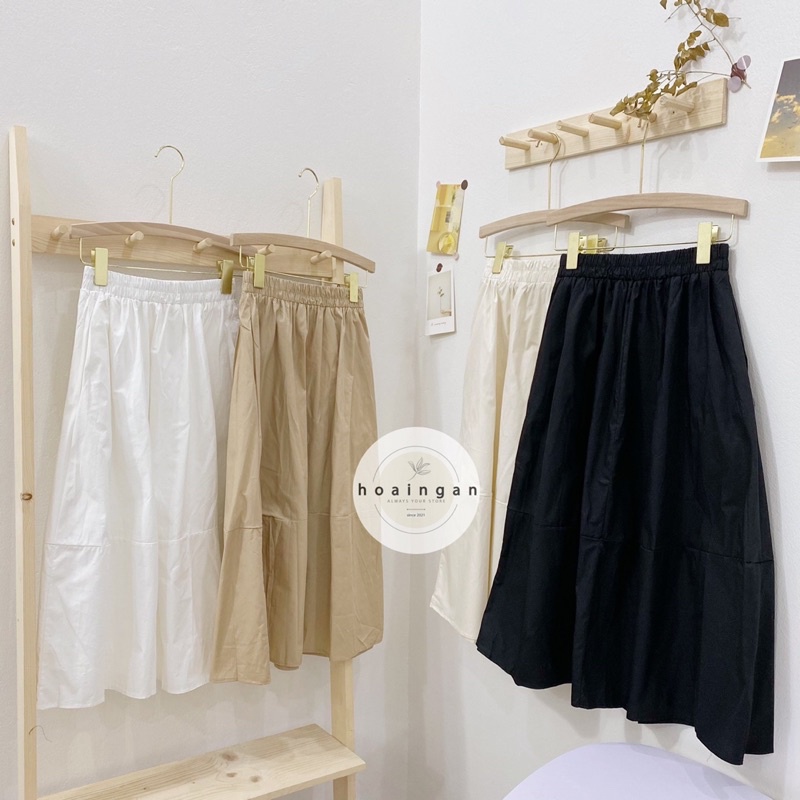 Chân váy dài midi dáng xoè chữ A thô trơn basic vintage cổ điển dễ phối cạp chun cạp cao dễ thương hằng ngày hàn quốc