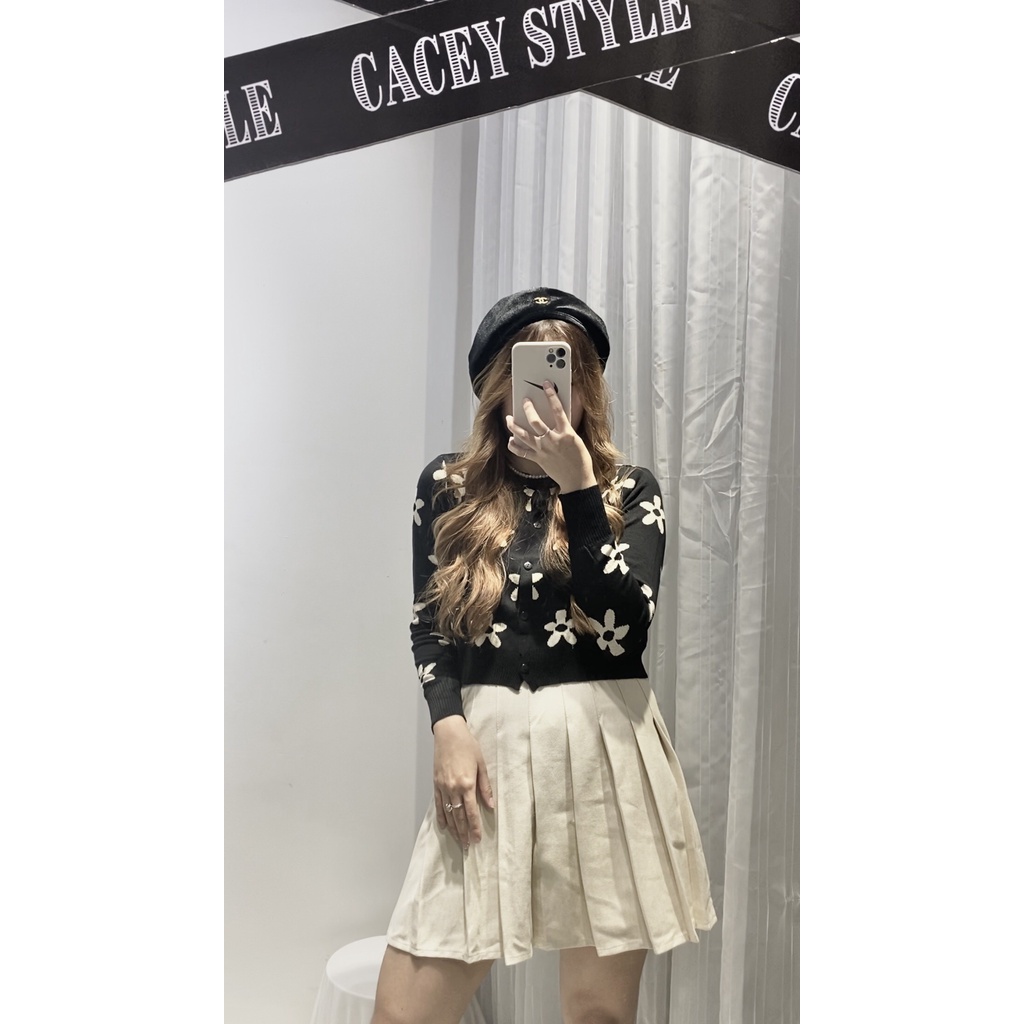 Áo cardigan len croptop họa tiết hoa tay dài cực xinh (Hoa màu be)