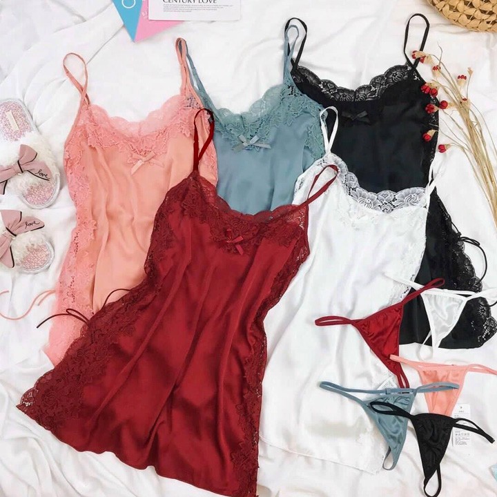 Váy ngủ sexy đan dây hông đầm ngủ lụa phối ren gợi cảm với màu đỏ đô quyến rũ