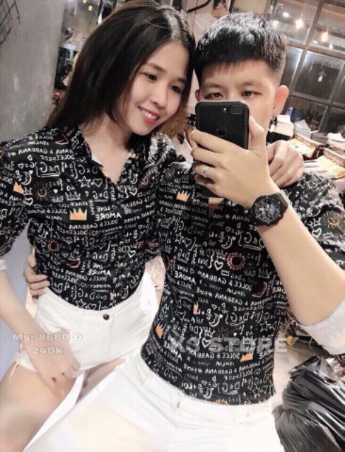 Áo sơmi lụa cặp dài tay in chữ đẹp unisex nam nữ đều mặc được có màu trắng và đen