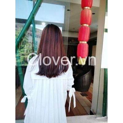 (Sẵn size L) Váy sơ mi Trắng tay nơ xếp ly sau lưng form rộng tiểu thư (Order)