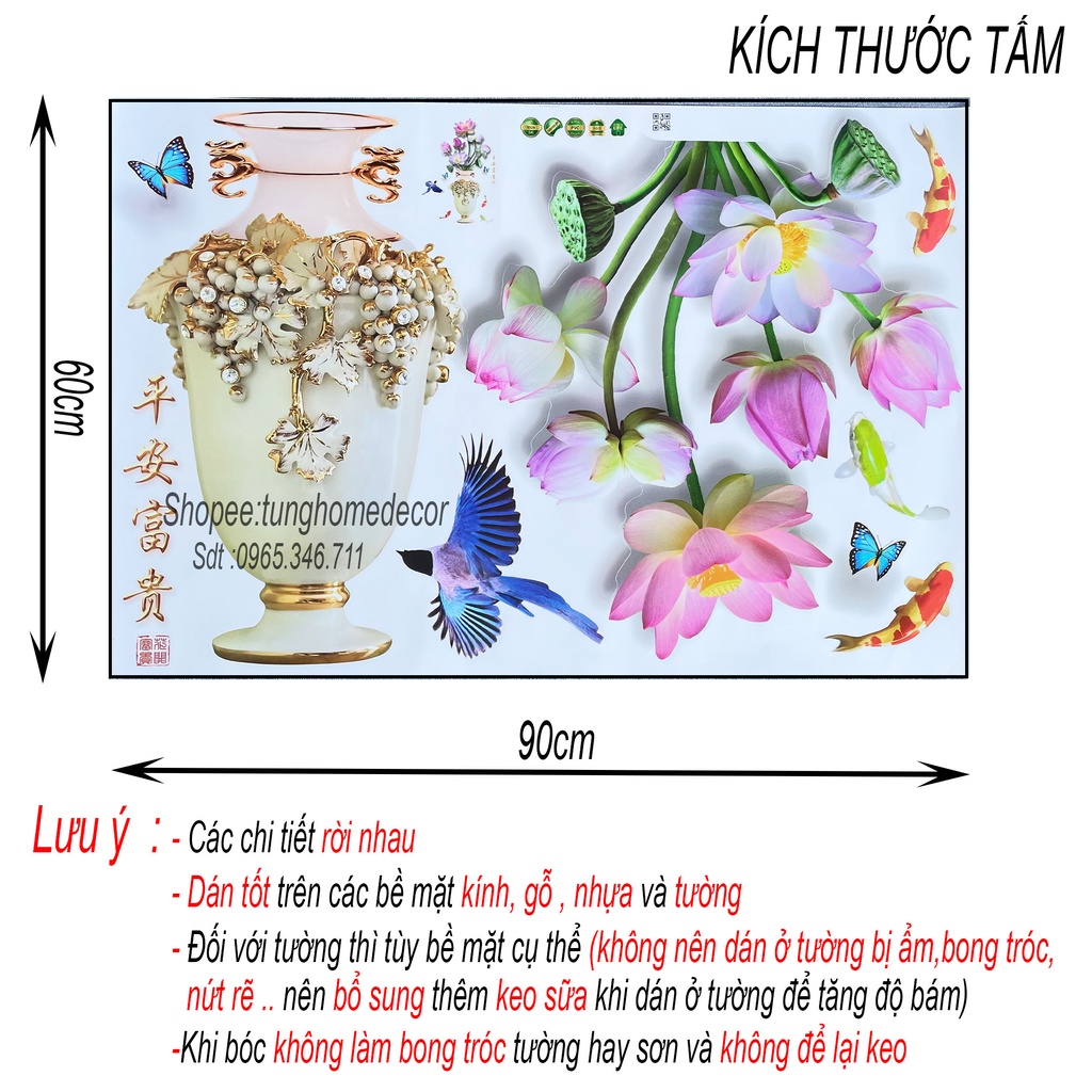 Decal dán tường hàn quốc trang trí phòng ngủ TUNG DECOR SK9328 Bình Hoa Sen Trắng