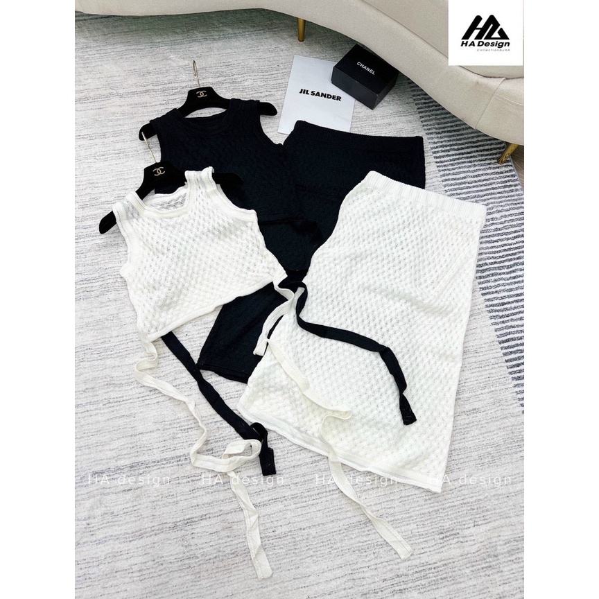 Set váy len midi sát nách thắt dây eo QC nhẹ nhàng