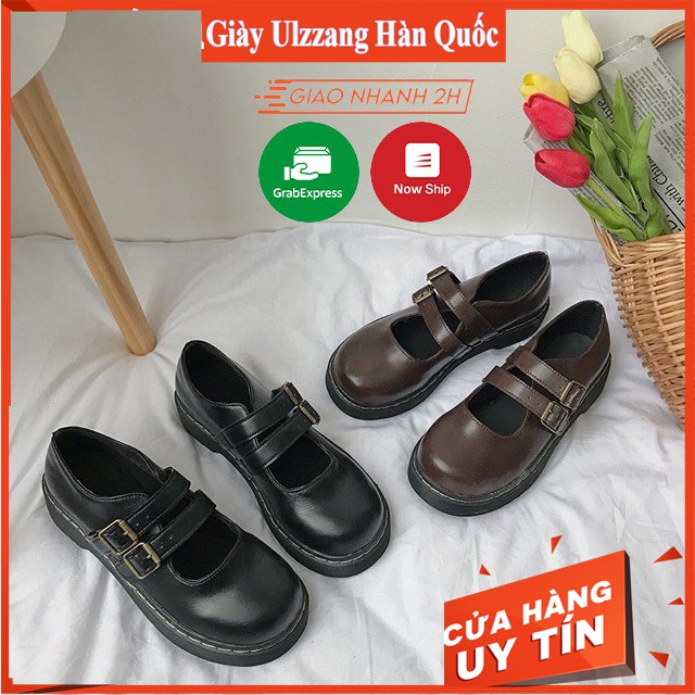 Giày nữ ulzzang 2 quai da hàn quốc cao cấp đế vuông