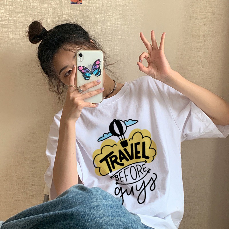 Áo thun nữ tay lỡ freesize phông form rộng Unisex In Slogan Du Lịch