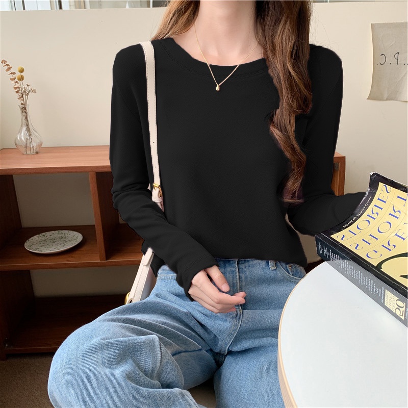SUXI Áo thun dài tay cổ tròn thiết kế mới thời trang theo phong cách hàn quốc cho nữ