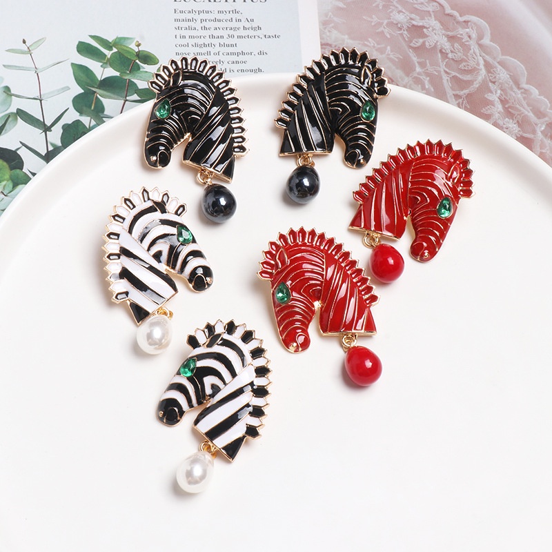 PINKDUDU Nữ Khuyên Tai Chuỗi Hạt Ngọc Trai Trắng Đen Họa Tiết Ngựa Vằn OG150
