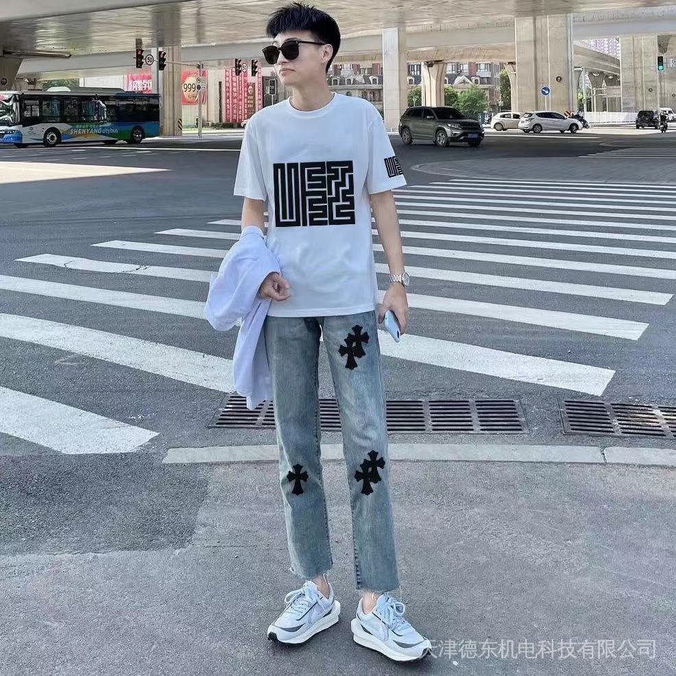 Bộ Áo Thun Cotton Ngắn Tay + Quần Jeans Thời Trang Mùa Hè Cho Nam