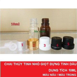 Chai thuỷ tinh nâu hoặc trong 10ml ( kèm nút nhỏ giọt và nắp)