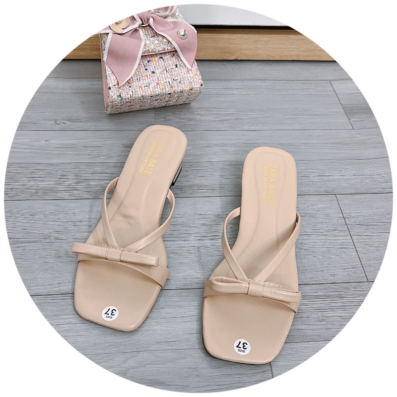 Dép Guốc quai mảnh phối nơ nhỏ da lì gót 3p