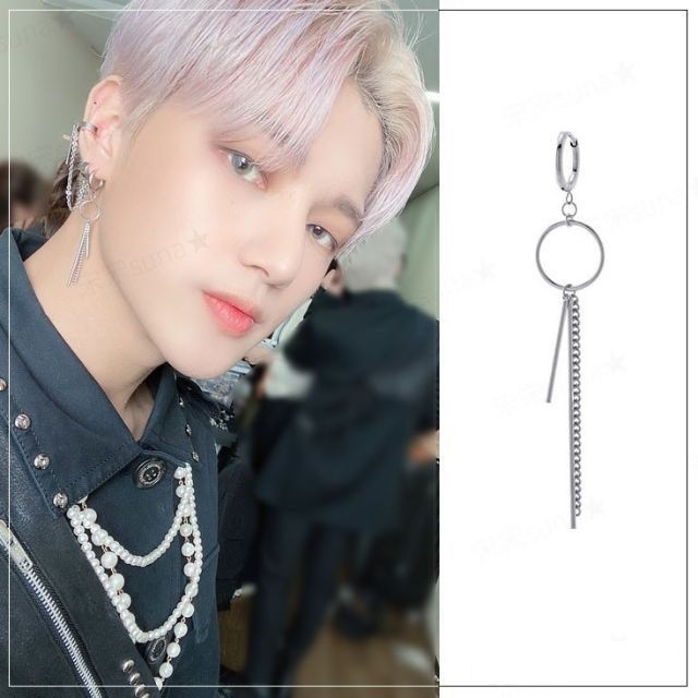 Bông tai titan vòng tròn phối thanh xích không gỉ