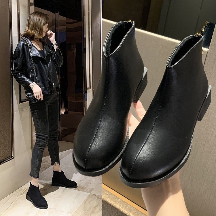 Giày bốt nữ cổ lửng đế bằng 3.5 cm chất da khoá kéo sau màu da lộn/da lì