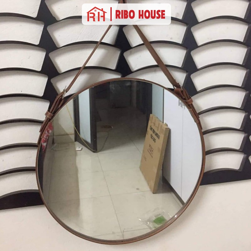 Gương trang điểm RIBO HOUSE chất liệu dây da, gương tròn trang trí phòng ngủ nhà tắm decor quán cafe nails RIBO41