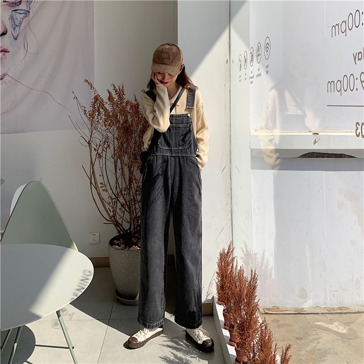 Quần yếm jean viền chỉ nổi ống suông ulzzang 3259