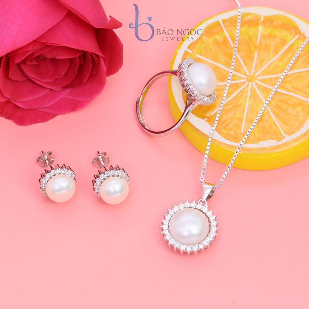 Bộ trang sức ngọc trai thật nuôi nước ngọt khảm bạc s925 đính đá zircon thiết kế cổ điển sang trọng T3 Bảo ngọc Jewelry