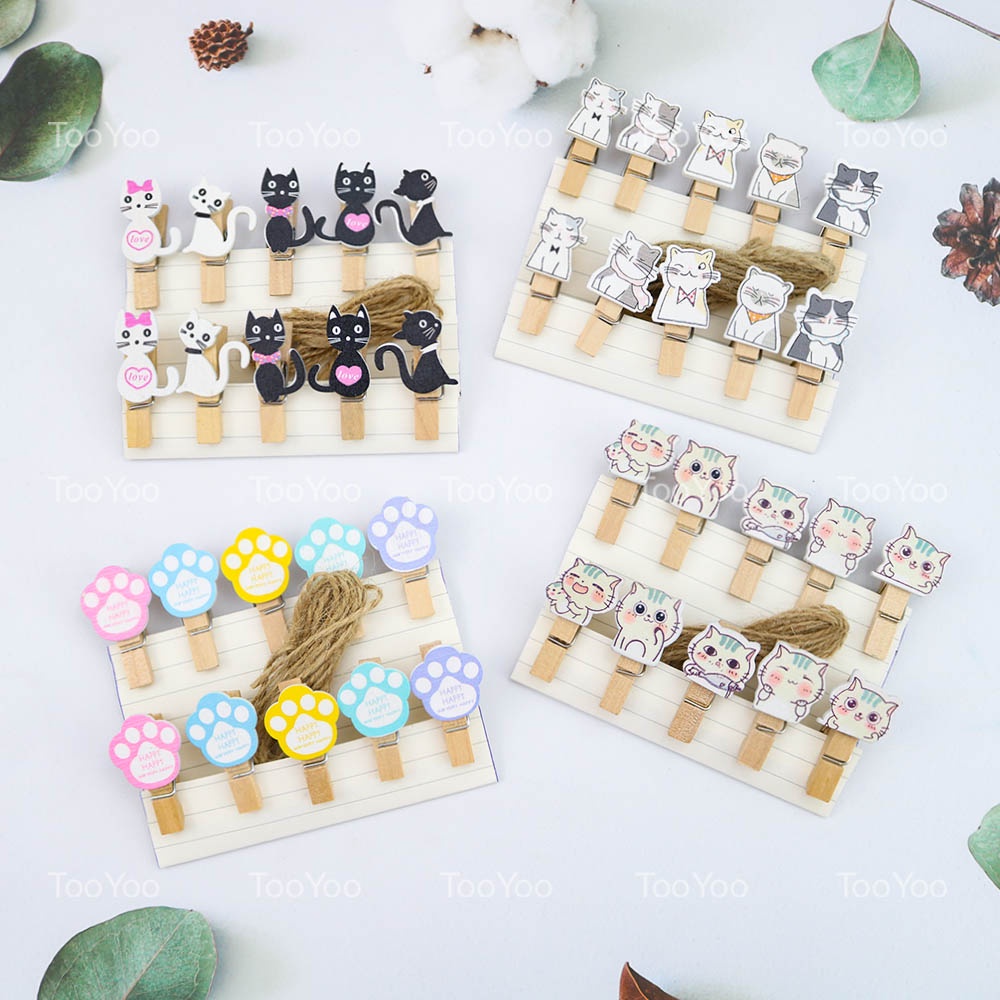 SET 10 Kẹp gỗ treo ảnh chủ đề MÈO kèm 140cm dây dễ thương cute TooYoo TY0240