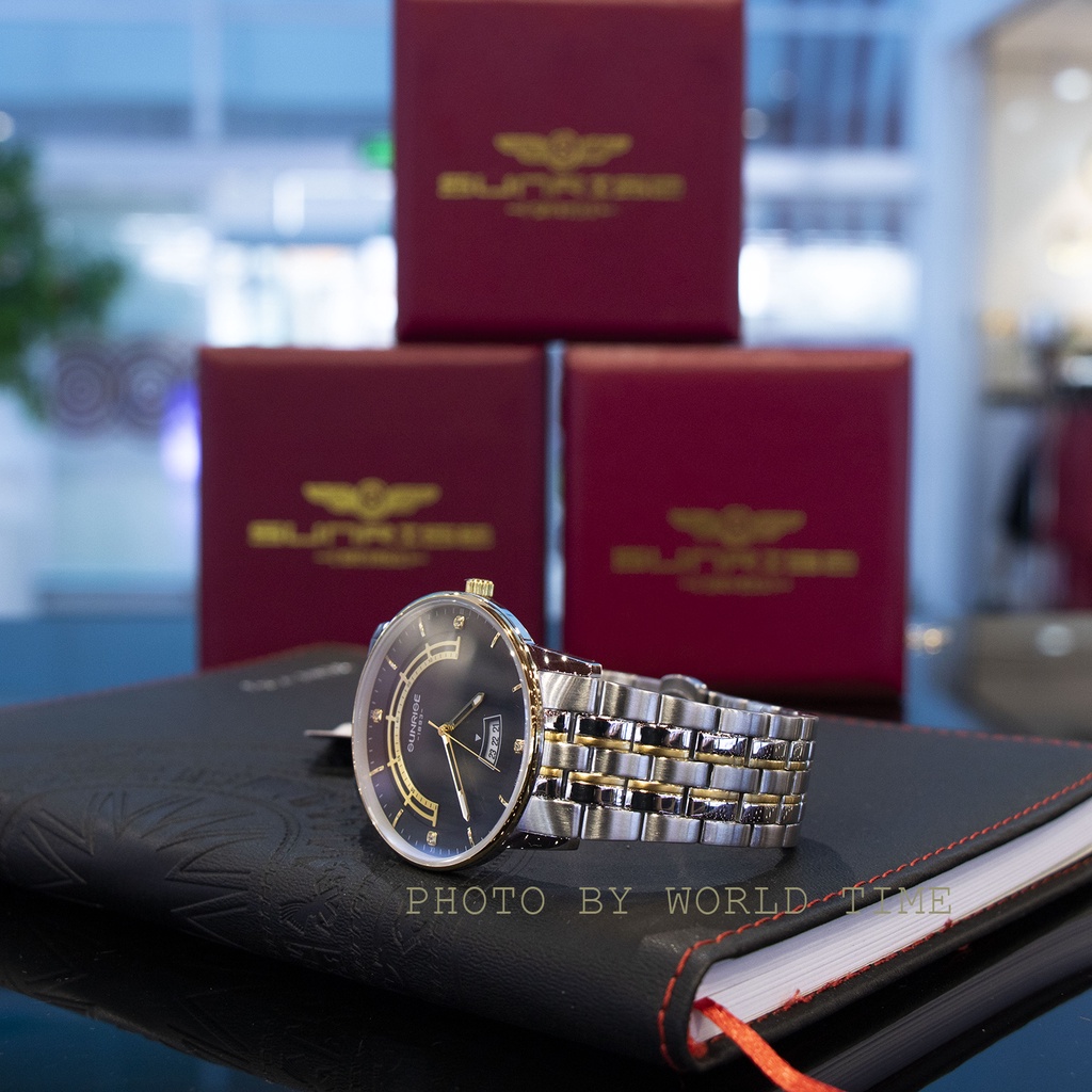 Đồng hồ nam, đồng hồ pin dây thép Sunrise 1224SA full box, kính sapphire chống xước, chống nước