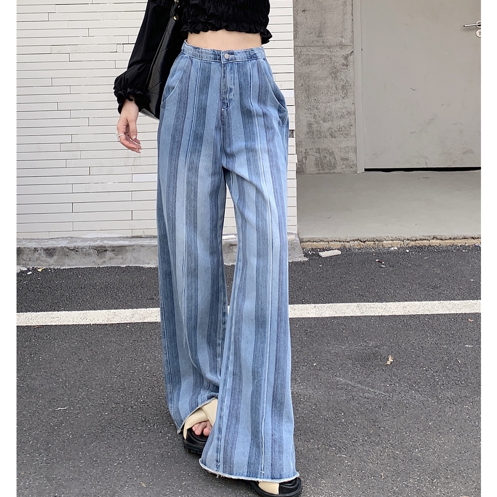 Quần Jean Dài Dáng Rộng Ống Suông Hoa Văn Kẻ Sọc Thời Trang