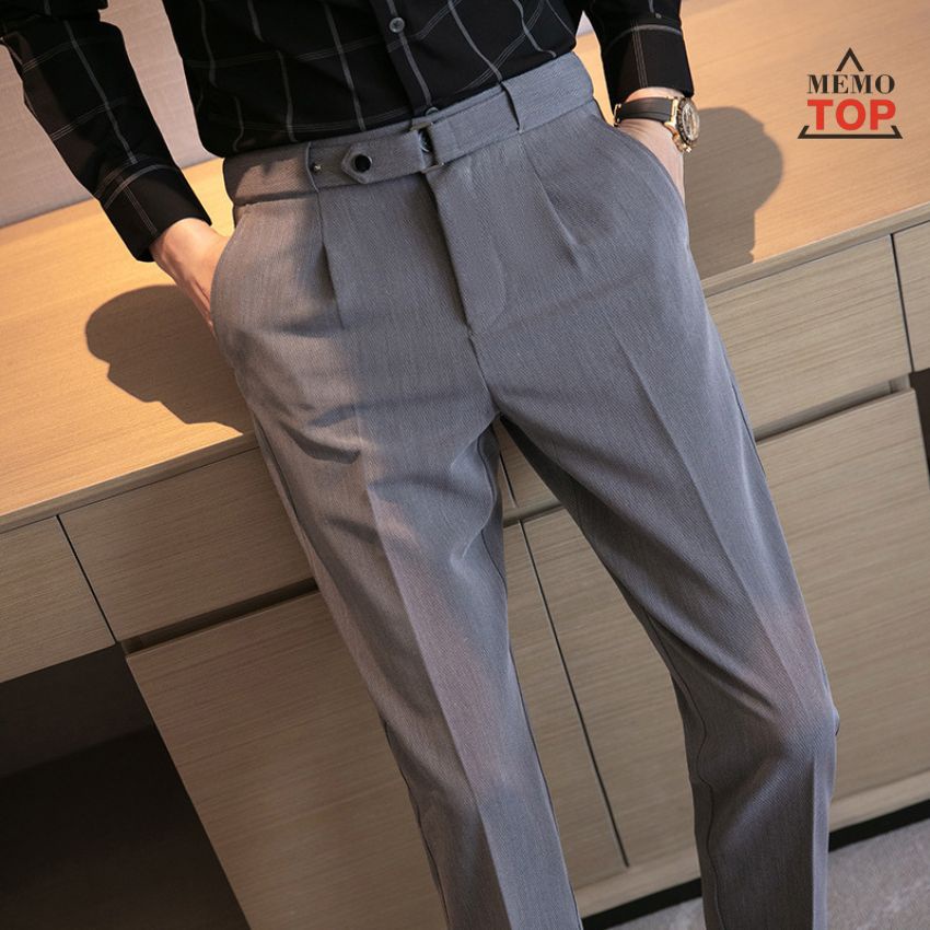 Quần âu cạp cao nam sidetab hàn quốc dáng baggy, quần tây có đai chỉnh eo ống suông cao cấp công sở đẹp MEMOTOP MM27