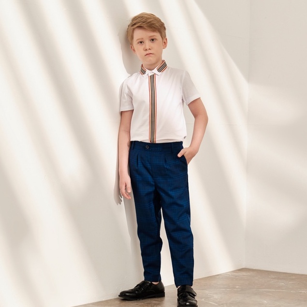 Áo sơ mi trắng cộc tay bé trai 137Kids thiết kế kẻ nẹp thân áo chất cotton thoáng mát