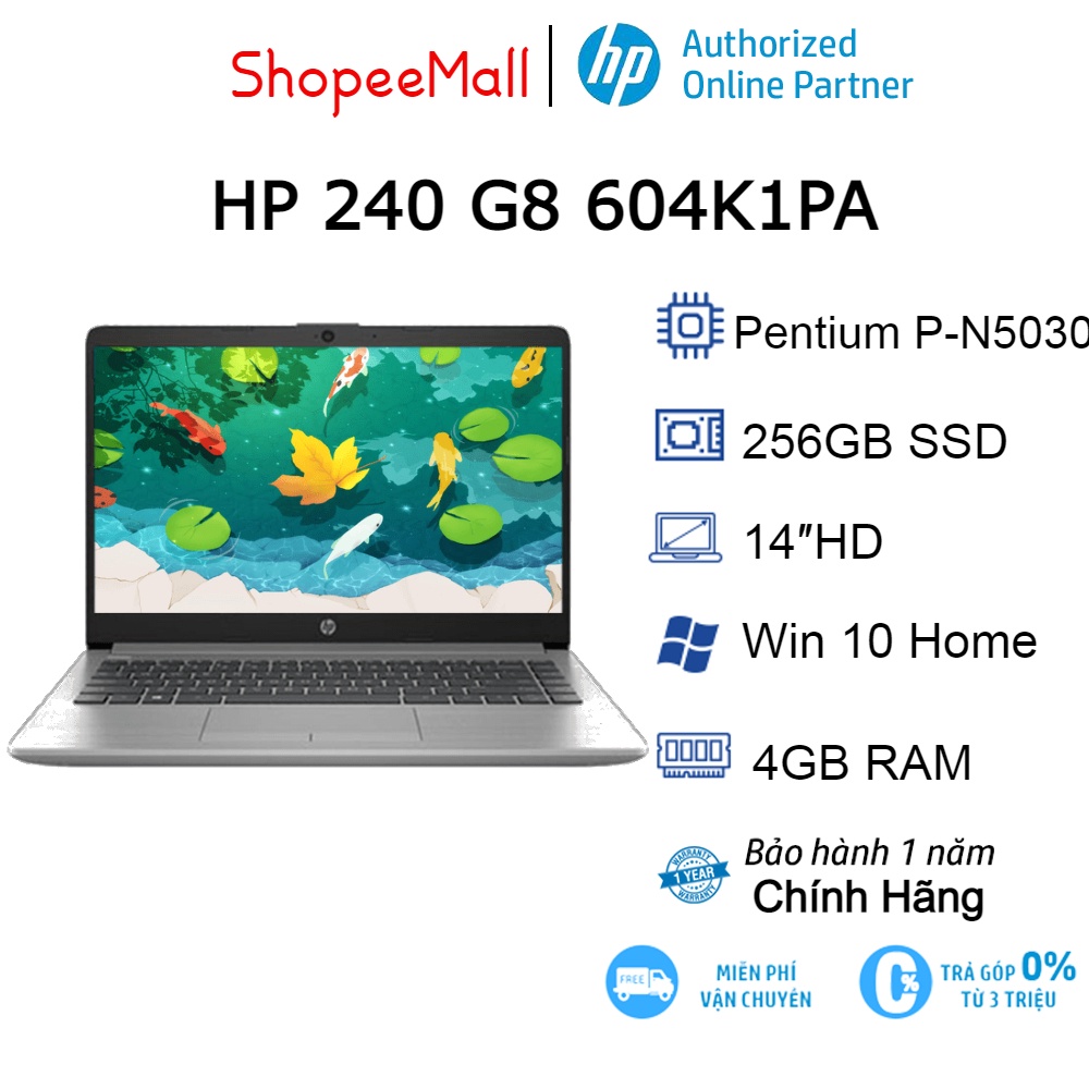 Laptop HP 240 G8 604K1PA P-N5030| 4GB| 256GB| OB| 14″HD| Win10 (Xám bạc)