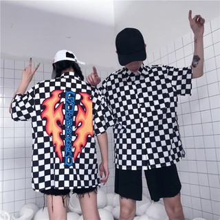 Áo sơ mi nam nữ tay lỡ form rộng caro checkerboard in lửa